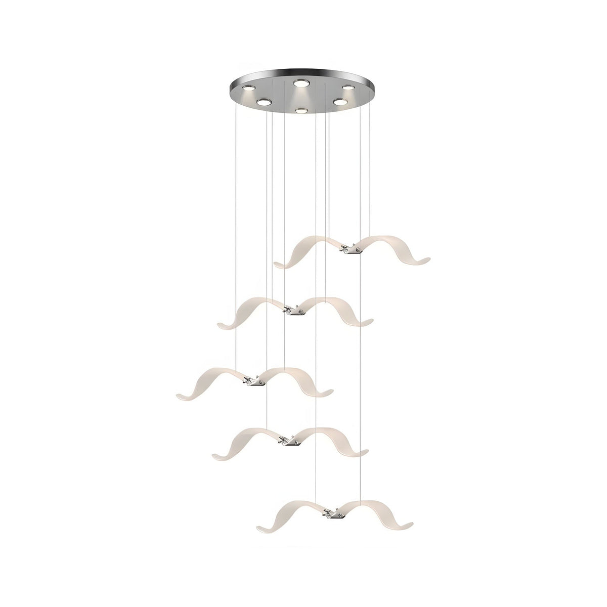 This Clérachic seagull chandelier has a small chrome canopy and five lit gulls stepping down on fine cables.