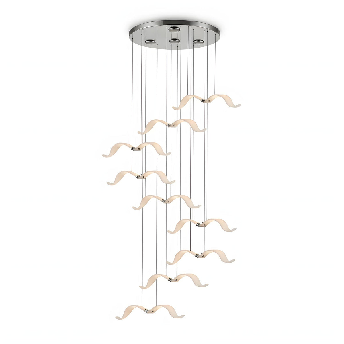 This Clérachic seagull chandelier has a chrome canopy and a tall, staggered cascade of lit gulls on fine cables.