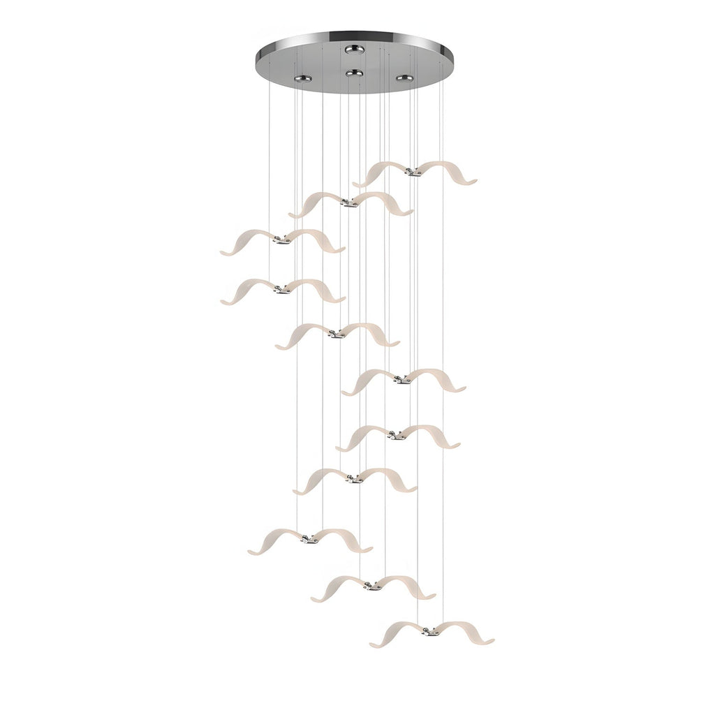 A Clérachic seagull chandelier with a slim chrome canopy and a cascade of glowing gulls hanging at many heights.