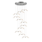 A Clérachic seagull chandelier with a slim chrome canopy and a cascade of glowing gulls hanging at many heights.