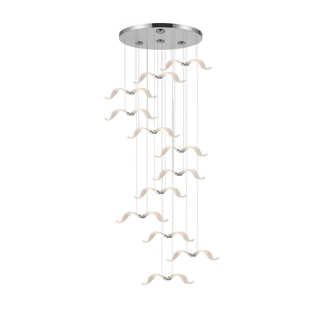 Chrome canopy above, glowing gulls below: this Clérachic seagull chandelier hangs its birds on thin cables, on white.