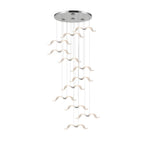 Chrome canopy above, glowing gulls below: this Clérachic seagull chandelier hangs its birds on thin cables, on white.