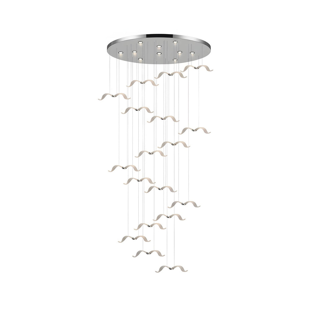 This Clérachic seagull chandelier hangs a tall spiral of small lit gulls from a wide chrome canopy.