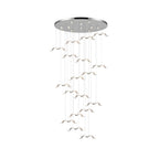 This Clérachic seagull chandelier hangs a tall spiral of small lit gulls from a wide chrome canopy.