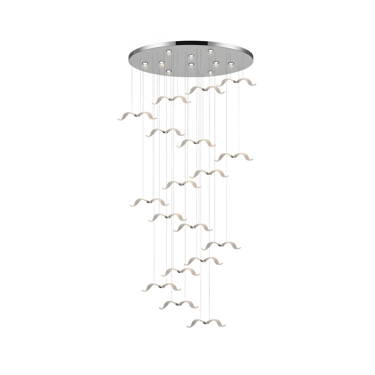 This Clérachic seagull chandelier hangs a tall spiral of small lit gulls from a wide chrome canopy.