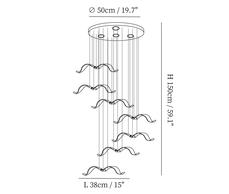 Dimension drawing of this Clérachic seagull chandelier, with a 50 cm canopy, a 150 cm height and a 38 cm gull marked.