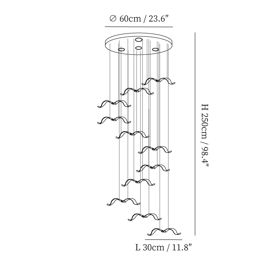 Dimension drawing of this Clérachic seagull chandelier, with a 60 cm canopy, a 250 cm height and a 30 cm gull marked.