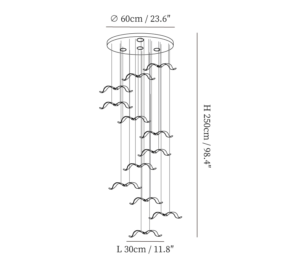 Dimension drawing of a Clérachic seagull chandelier cluster, with a 60 cm canopy, a 250 cm height and 30 cm gulls marked.