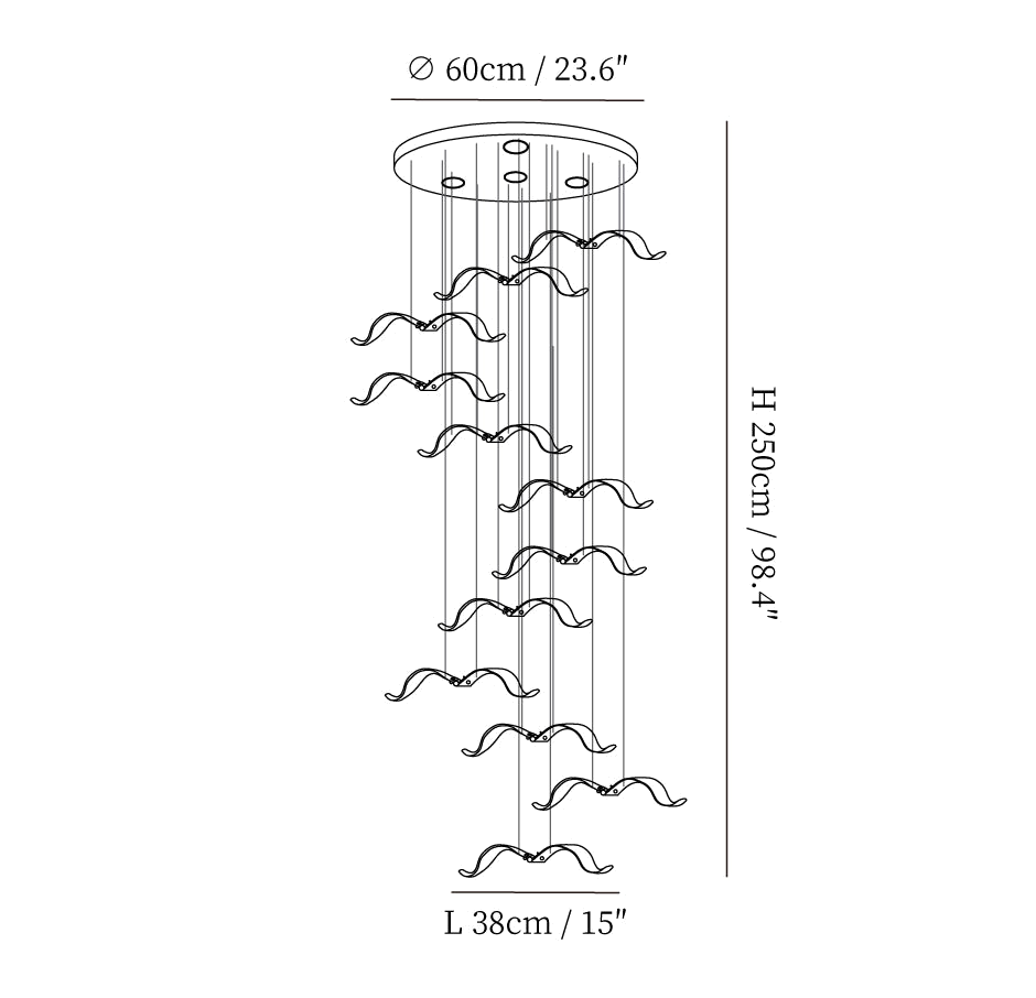 Dimension drawing of a Clérachic seagull chandelier cluster, with a 60 cm canopy, a 250 cm height and 38 cm gulls marked.