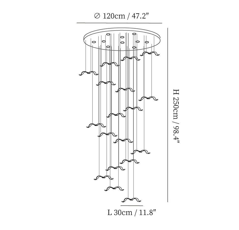 Dimension drawing of this Clérachic seagull chandelier, with a 120 cm canopy, a 250 cm height and a 30 cm gull marked.
