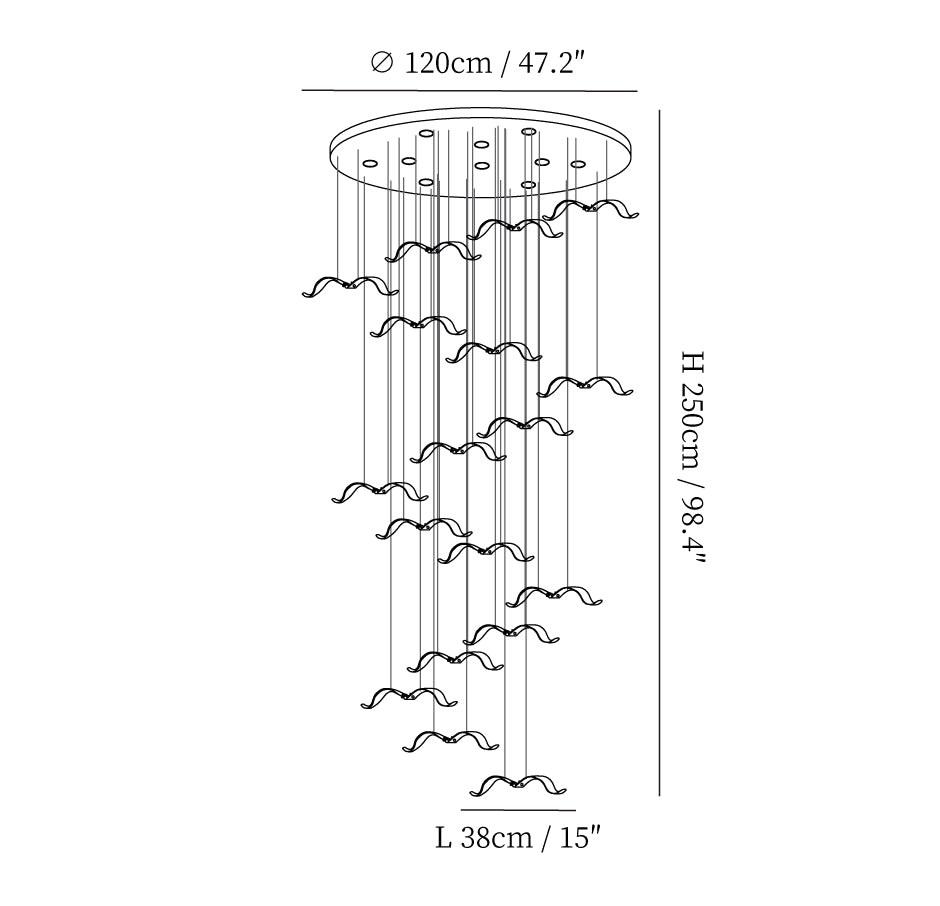 Dimension drawing of this Clérachic seagull chandelier, with a 120 cm canopy, a 250 cm height and a 38 cm gull marked.
