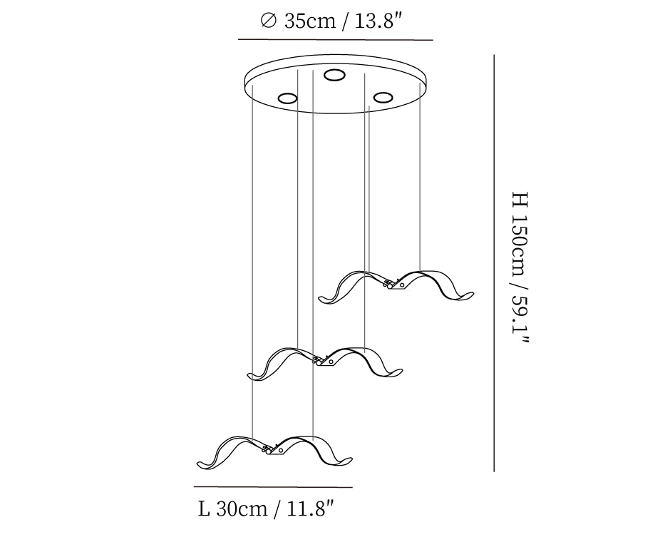 Dimension drawing of this Clérachic seagull chandelier with three gulls, a 35 cm canopy, 150 cm height and 30 cm gulls marked.