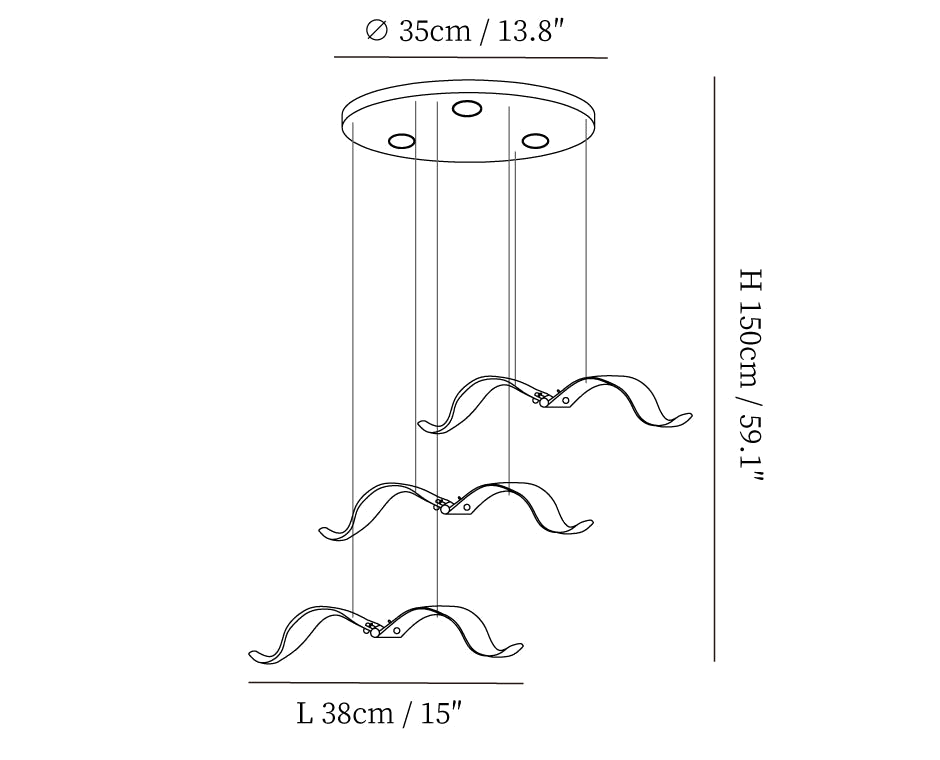 Dimension drawing of this Clérachic seagull chandelier with three gulls, a 35 cm canopy, 150 cm height and 38 cm gulls marked.