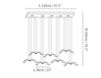 Dimension drawing of this Clérachic long-canopy seagull chandelier, 120 cm wide and 150 cm high, with 38 cm gulls marked.