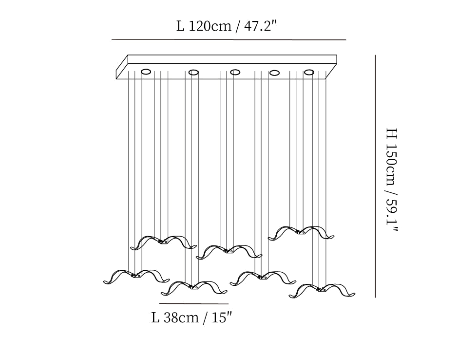 Dimension drawing of this Clérachic long-canopy seagull chandelier, 120 cm wide and 150 cm high, with 38 cm gulls marked.