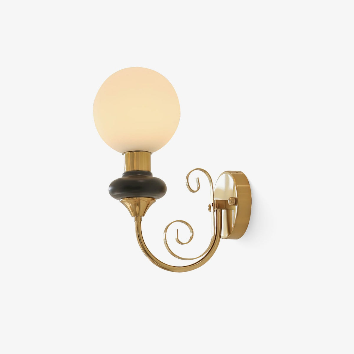 This Clérachic wall light on a plain white background, with a frosted glass globe, a black ceramic collar and a curled gold arm.