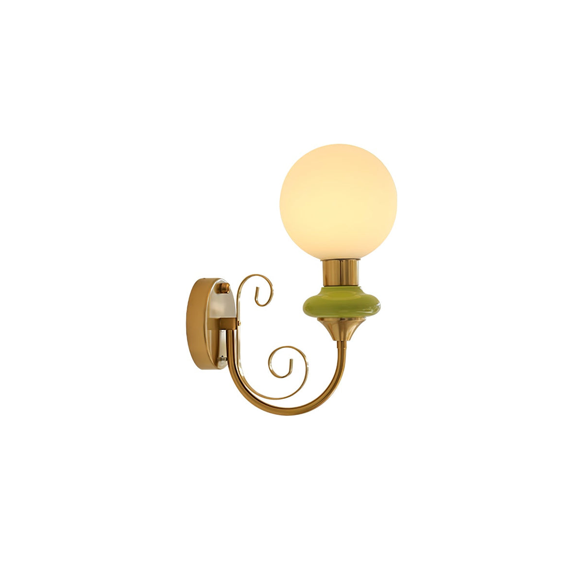 Green-collared Clérachic wall light with a softly lit globe and gold scrolled arm, on a plain white background.
