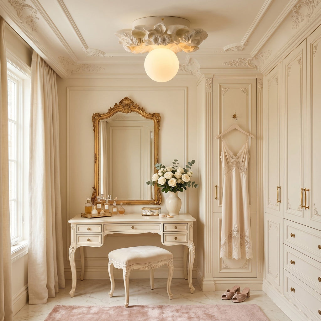 A Clérachic sphere ceiling light over a dressing table with a gilt mirror, a cushioned stool and fitted wardrobes in cream.