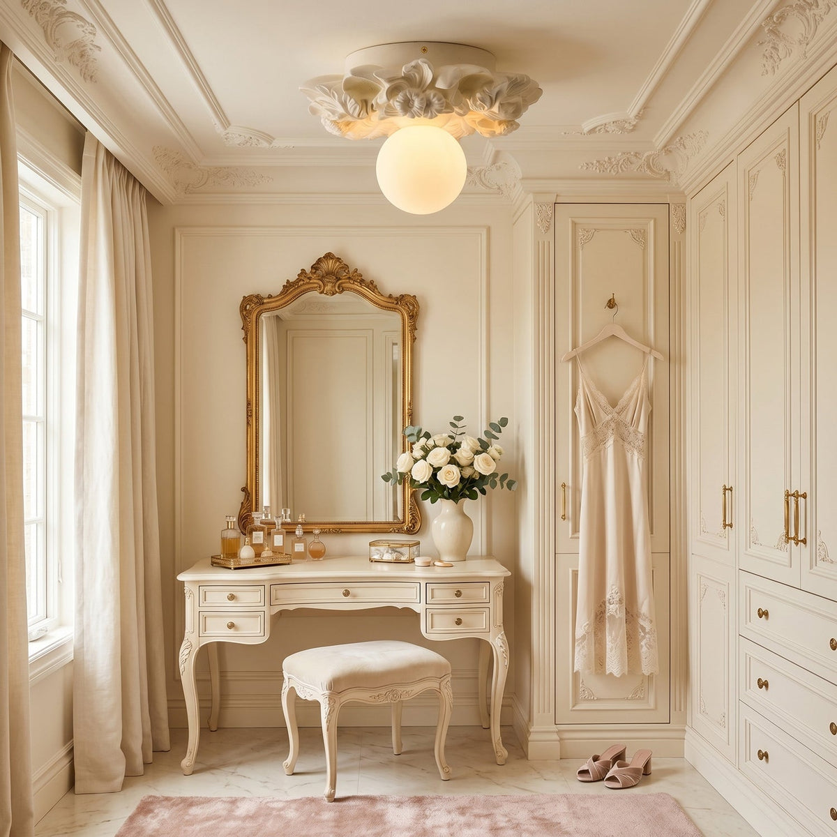 A Clérachic sphere ceiling light over a dressing table with a gilt mirror, a cushioned stool and fitted wardrobes in cream.