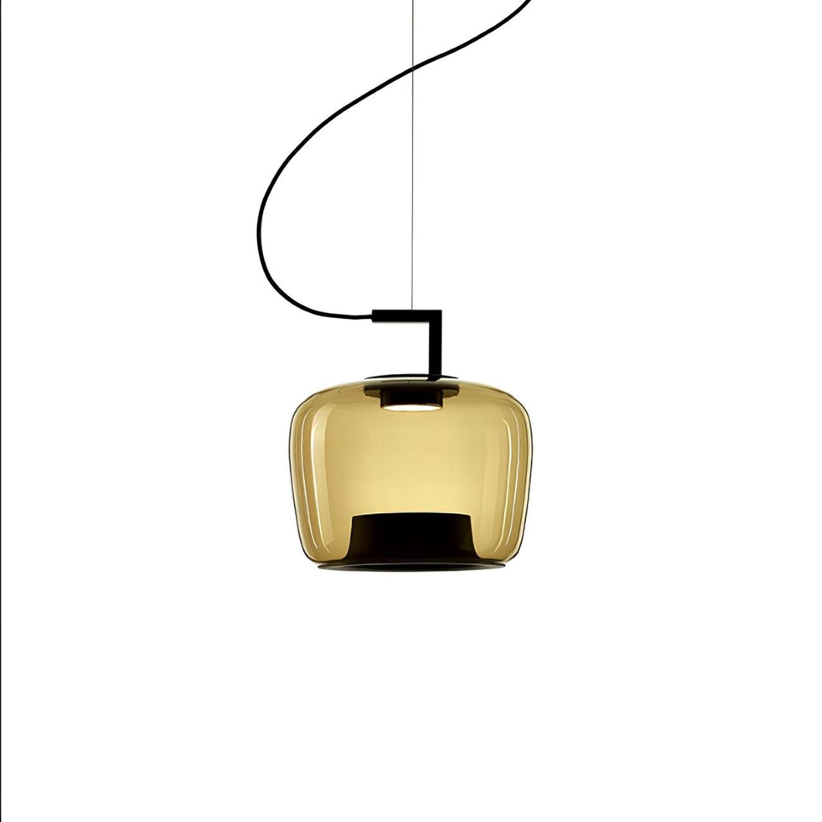 Squat amber glass Clérachic pendant with a black base and a thin cord, shown lit on a plain white backdrop.