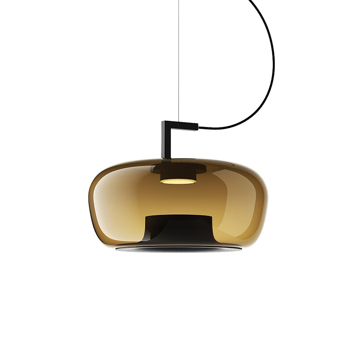 Wide amber glass Clérachic pendant with a black bracket and a warm light at its centre, on a white backdrop.