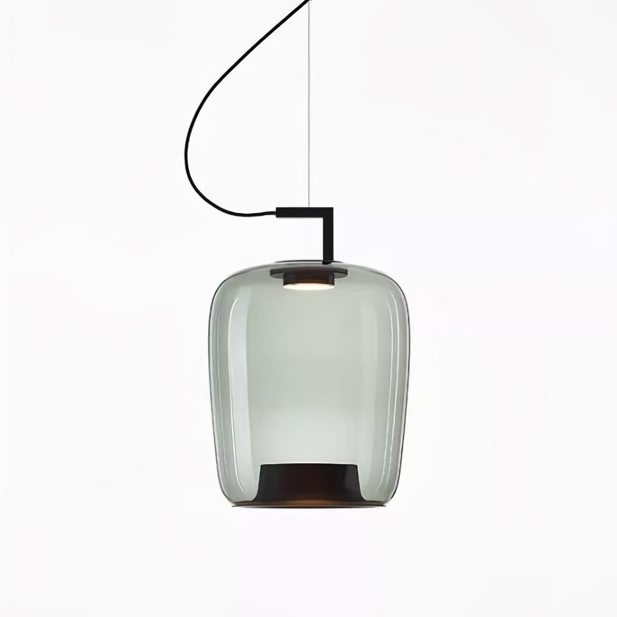 Tall pale grey-green glass Clérachic pendant with a black bracket and a dark ring inside the base, on white.