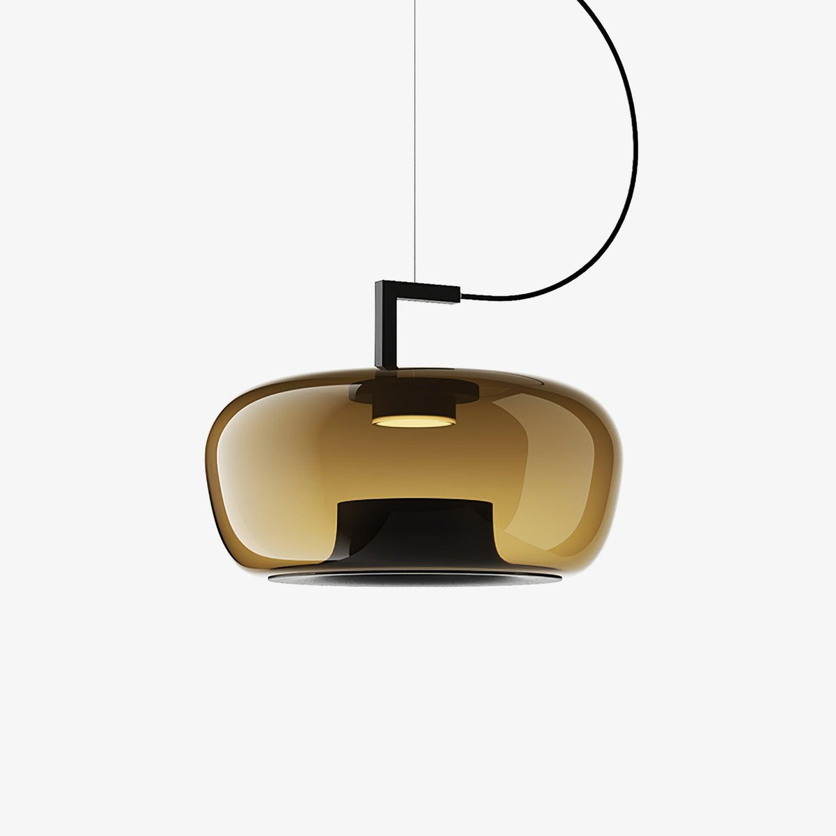 Wide amber glass Clérachic pendant with a black bracket and a small lit centre, on a plain white backdrop.