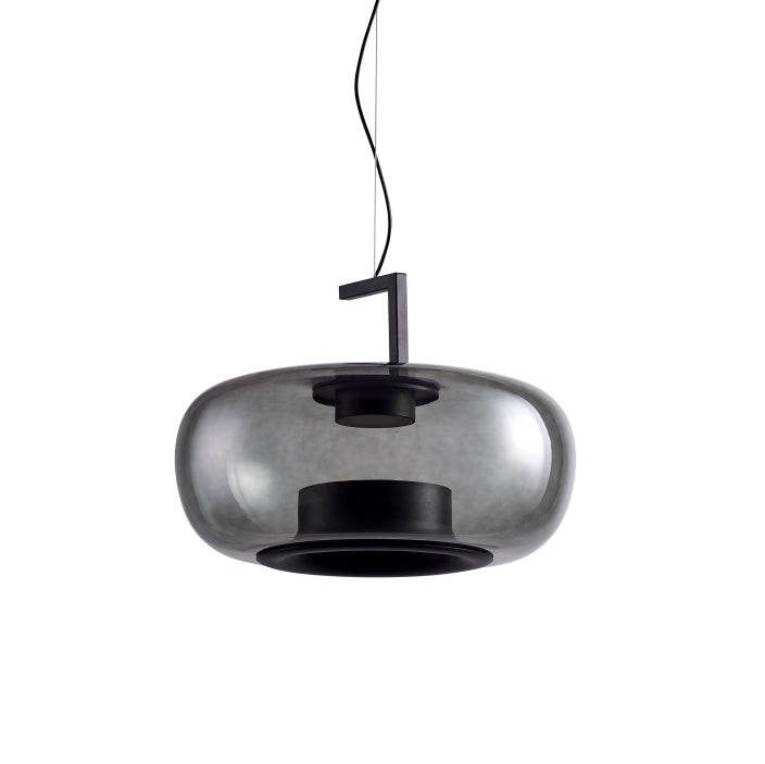 Wide smoke grey glass Clérachic pendant with a black bracket and a dark base ring, on a white backdrop.