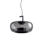 Wide smoke grey glass Clérachic pendant with a black bracket and a dark base ring, on a white backdrop.