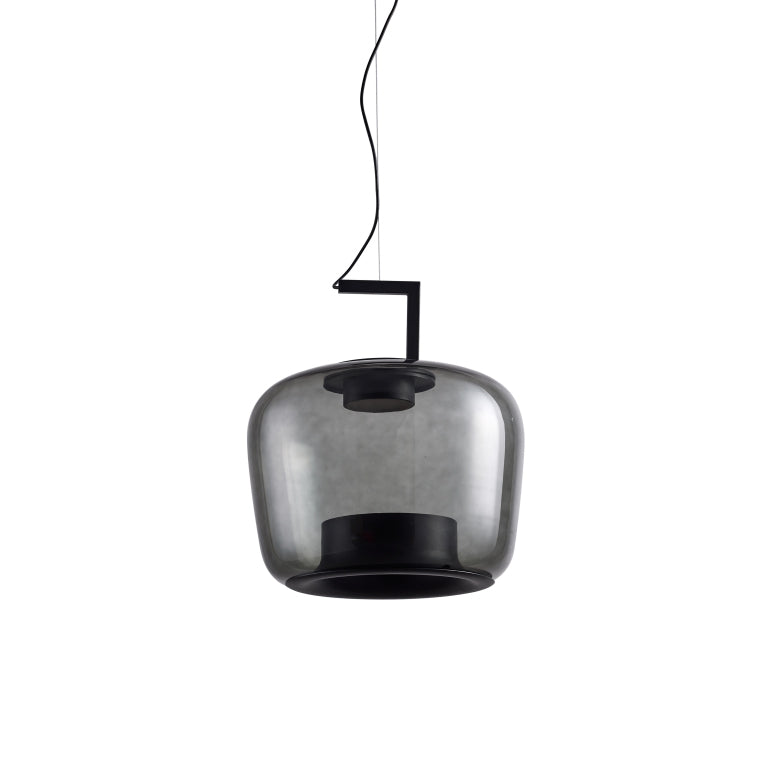 Squat smoke grey glass Clérachic pendant with a black bracket and a dark base, hanging on a thin cord.