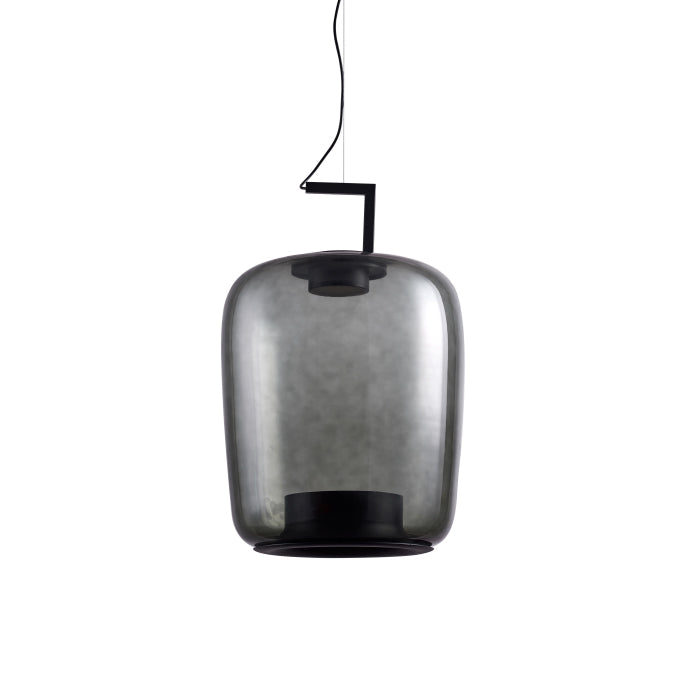 Tall smoke grey glass Clérachic pendant, unlit, with a black bracket and a dark ring at its base.