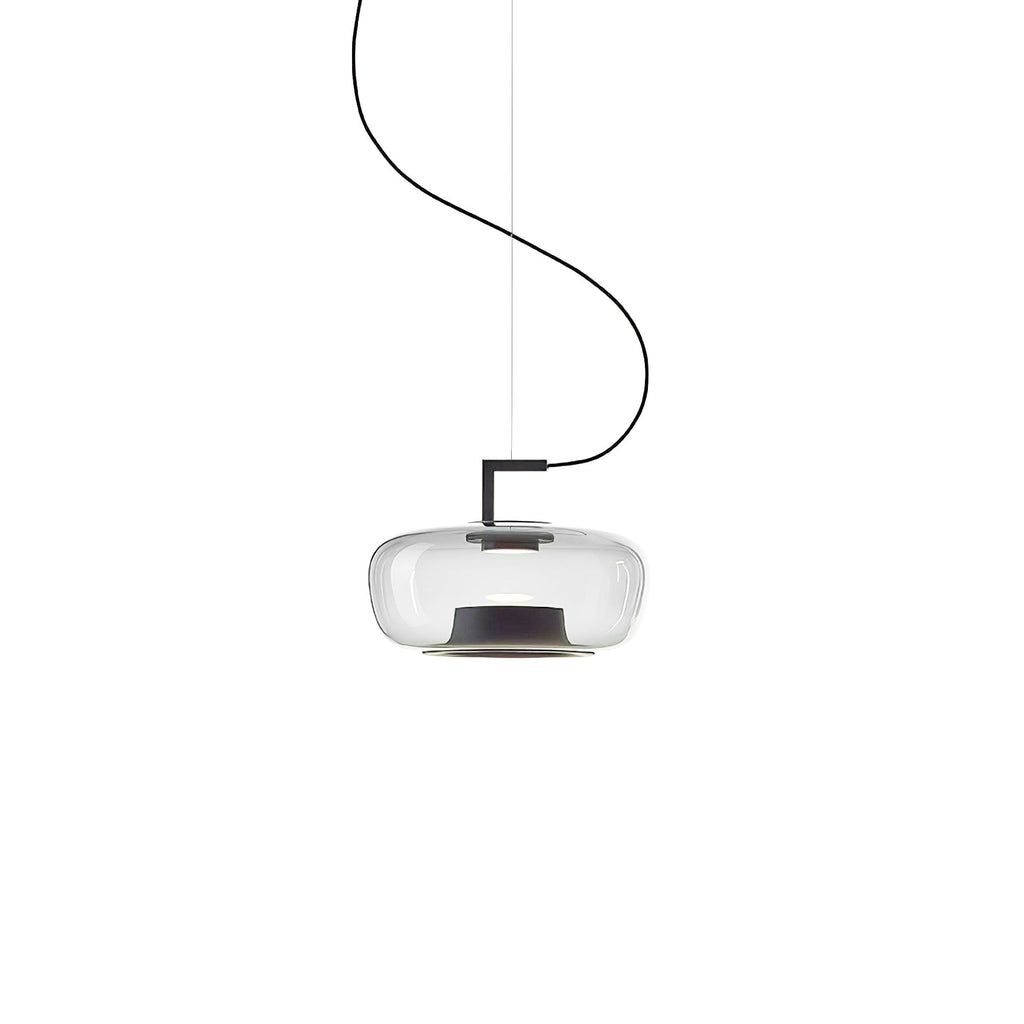 Small wide clear glass Clérachic pendant on a long curved black cord, shown against a white backdrop.