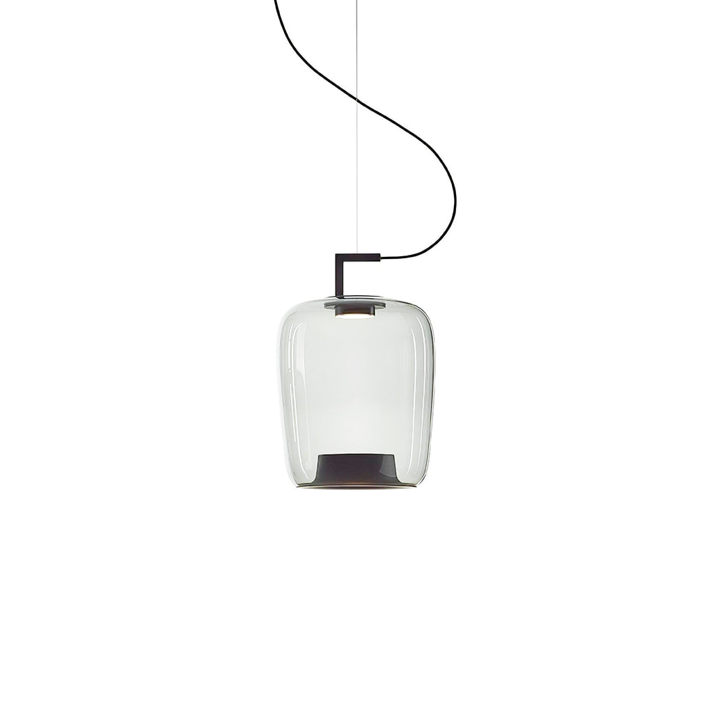 Small tall clear glass Clérachic pendant with a black bracket and a dark base, on a white backdrop.