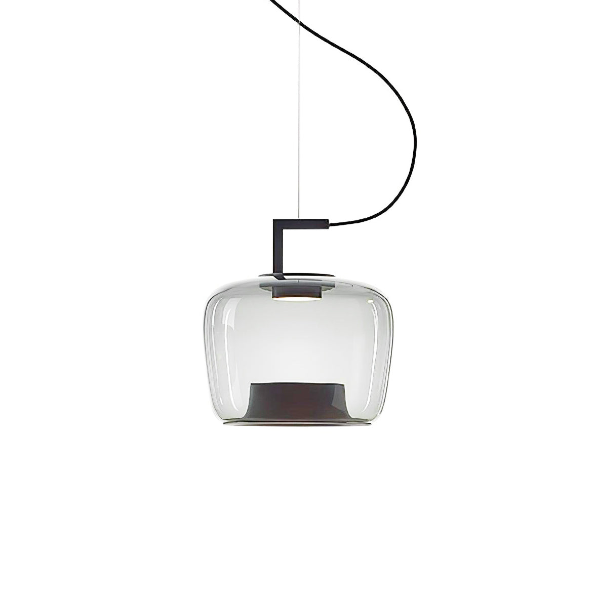 Squat clear glass Clérachic pendant with a black bracket and a dark base, hanging on a curved cord on white.