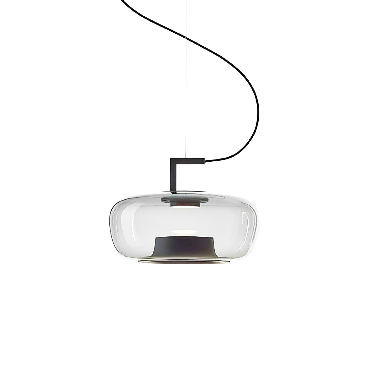 Wide clear glass Clérachic pendant with a black bracket and a dark base ring on a curved cord, on white.