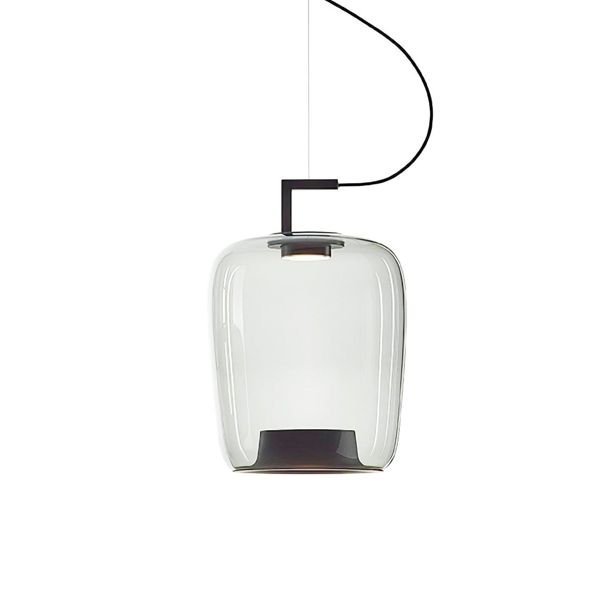 Tall clear glass Clérachic pendant with a black bracket and a dark inner base, on a white backdrop.