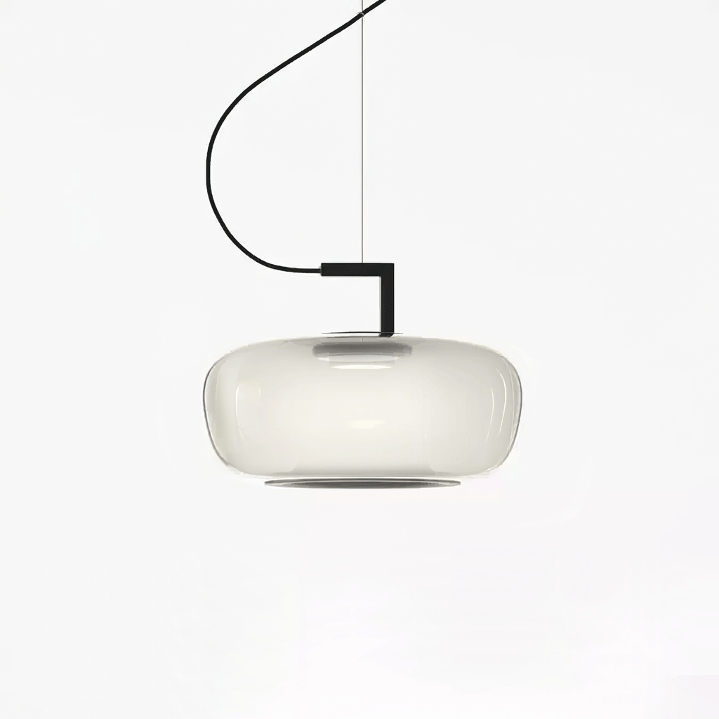 Wide foggy white glass Clérachic pendant with a soft diffused glow and a black bracket, on a white backdrop.