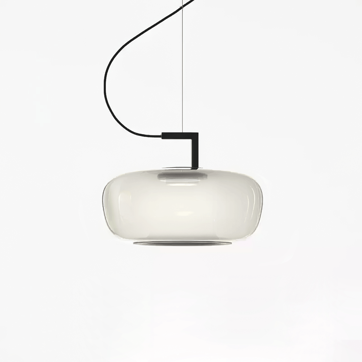 Wide foggy white glass Clérachic pendant with a soft diffused glow and a black bracket, on a white backdrop.