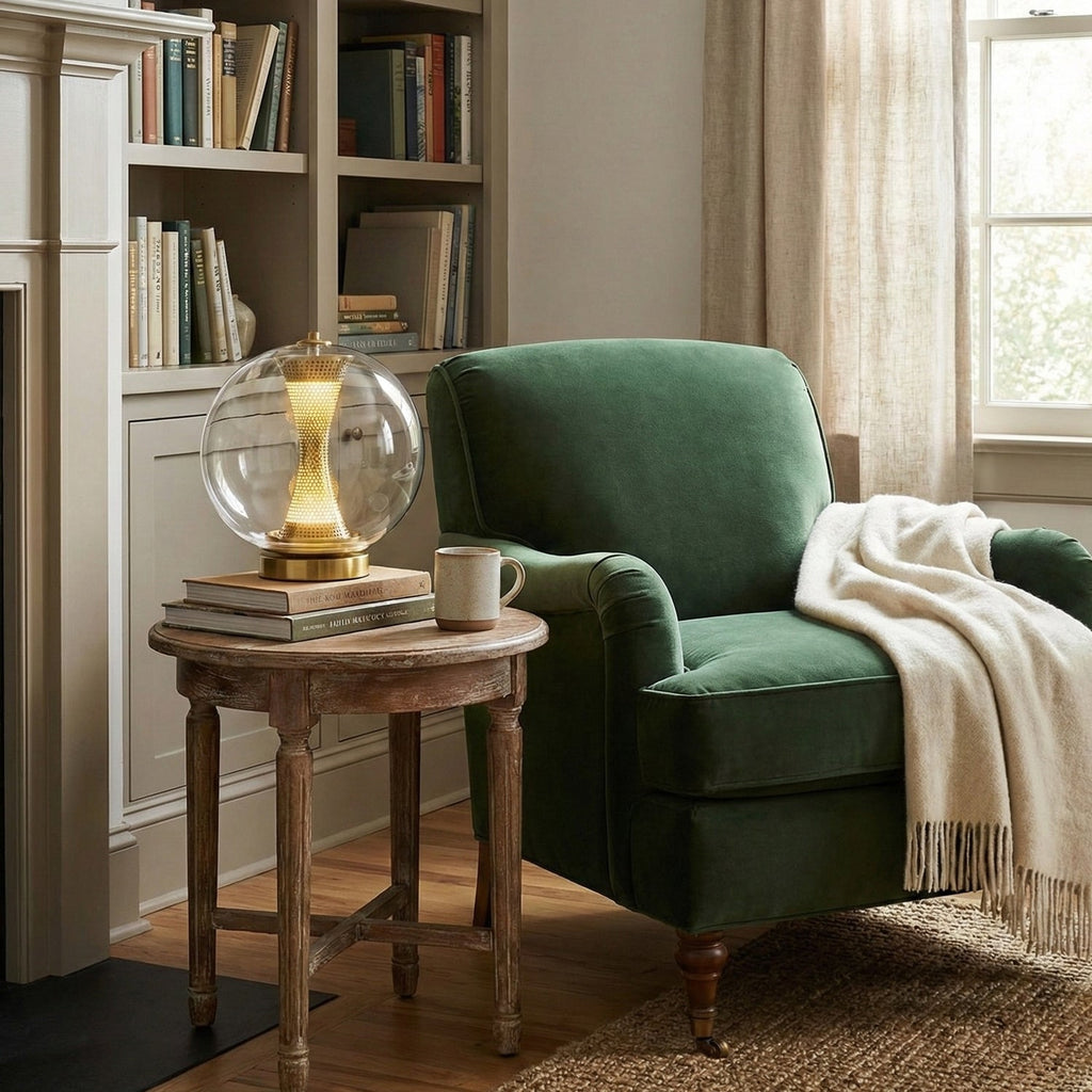 A Clérachic clear-glass sphere lamp on a round wooden side table beside a green velvet armchair and a bookcase.