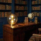 A small Clérachic cognac glass lamp lit on an old wooden desk in front of a library wall of leather-bound books and a globe.