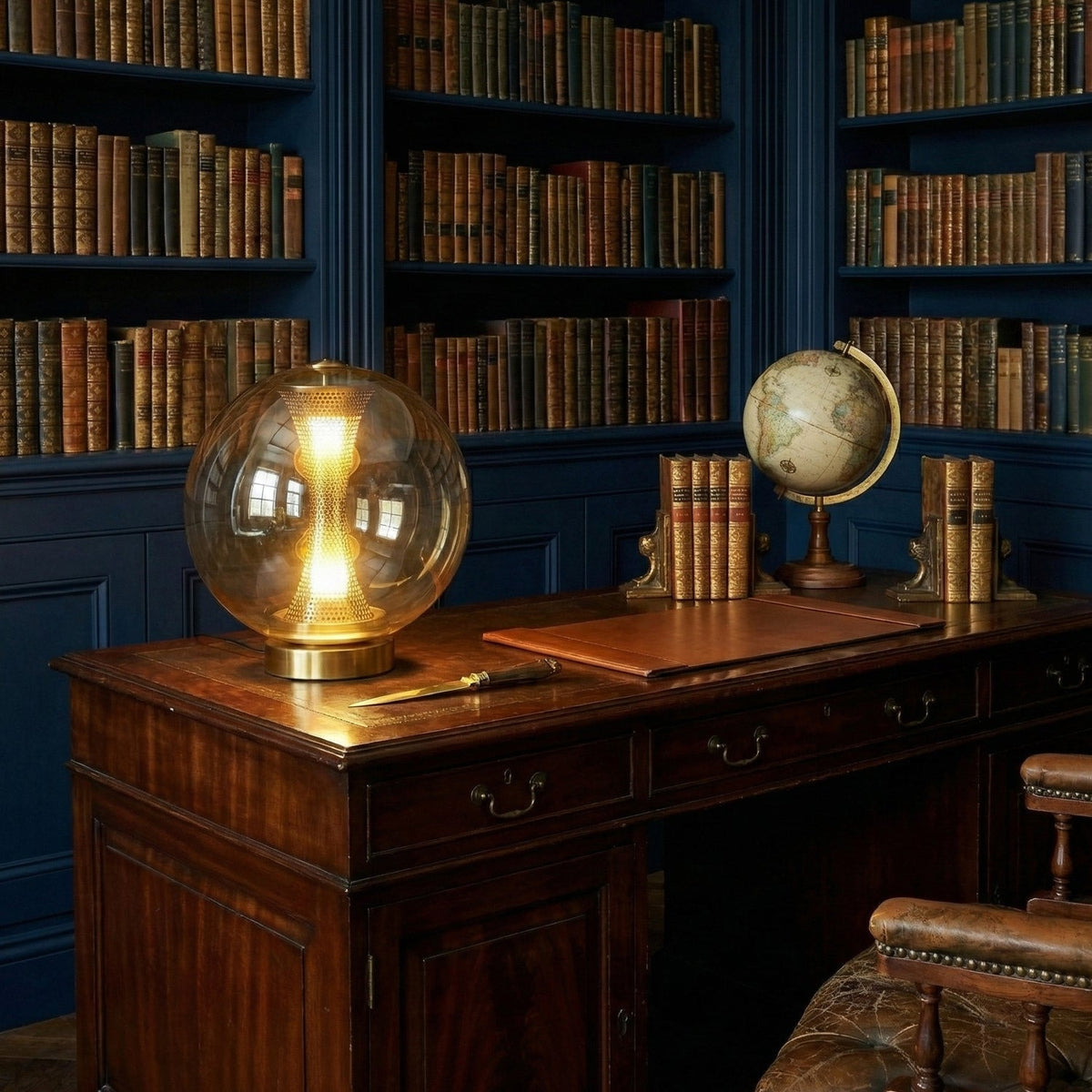 A small Clérachic cognac glass lamp lit on an old wooden desk in front of a library wall of leather-bound books and a globe.