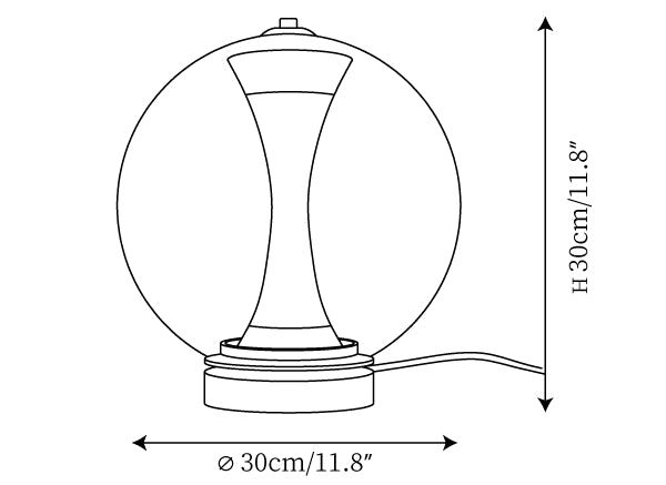 Dimension drawing of this Clérachic glass sphere lamp, with its height and width marked.