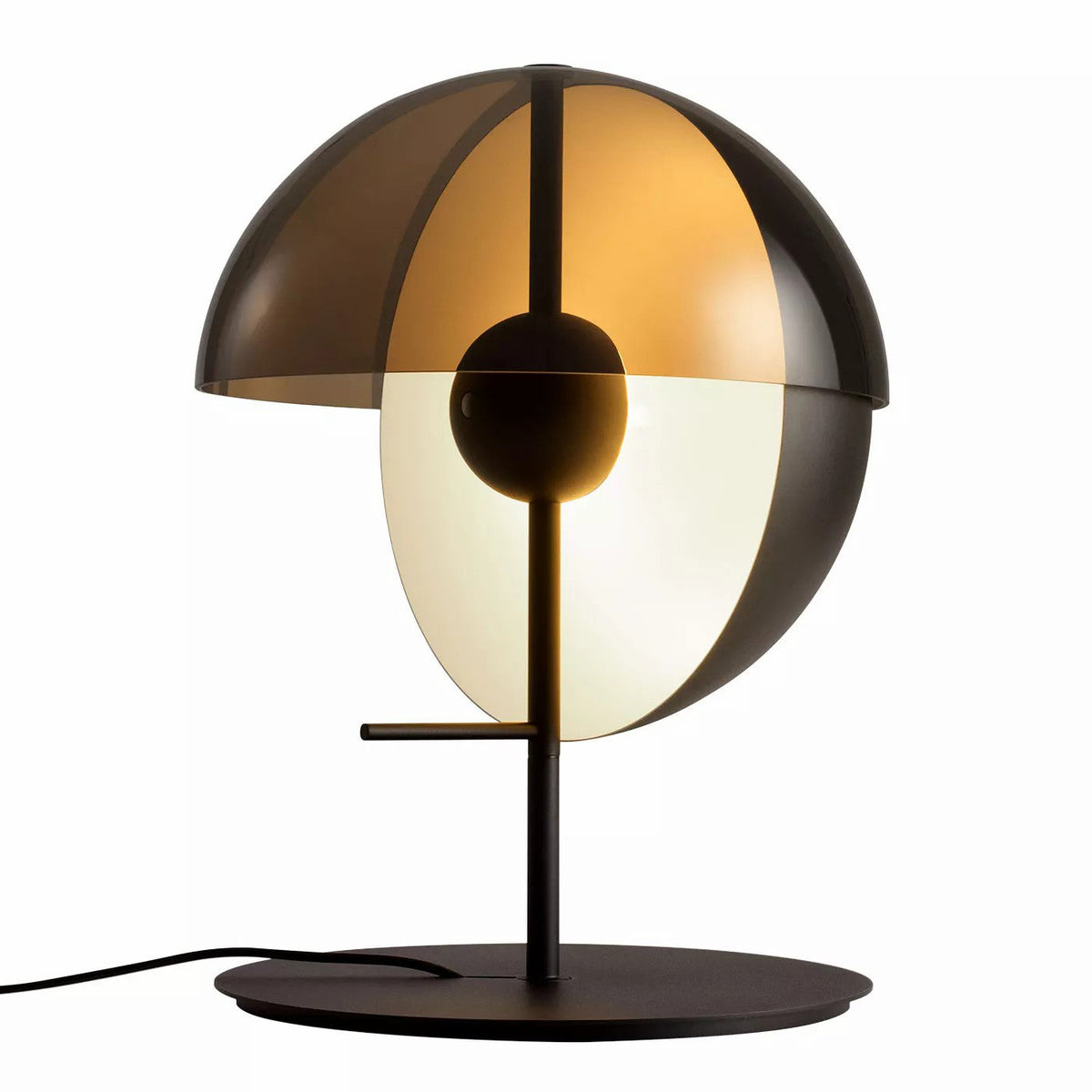 Large front view of a black-based Clérachic table lamp, its smoked-amber half-dome above a white glass half-sphere on white.