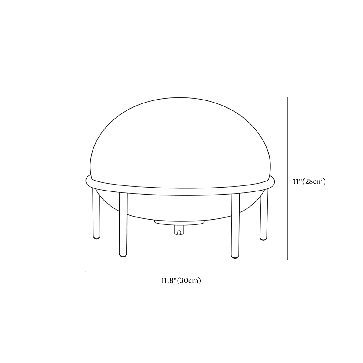 Clérachic table lamp dimension drawing, every measurement marked in centimetres and inches.