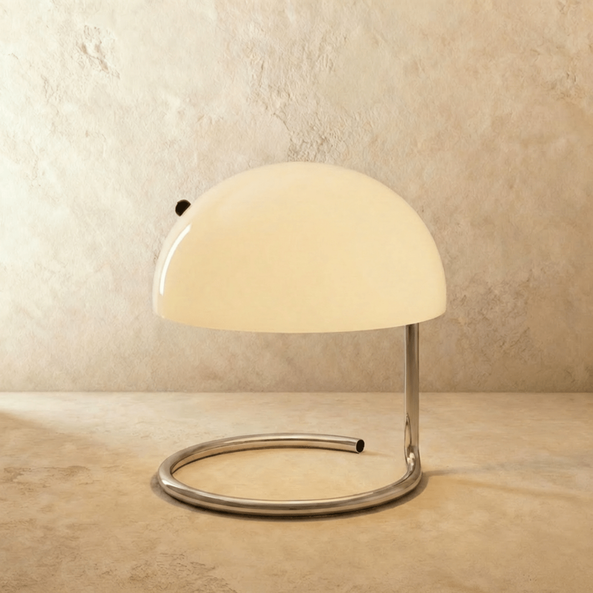 Clérachic's white dome-shade table lamp sits on its chrome spiral base against a plaster backdrop.