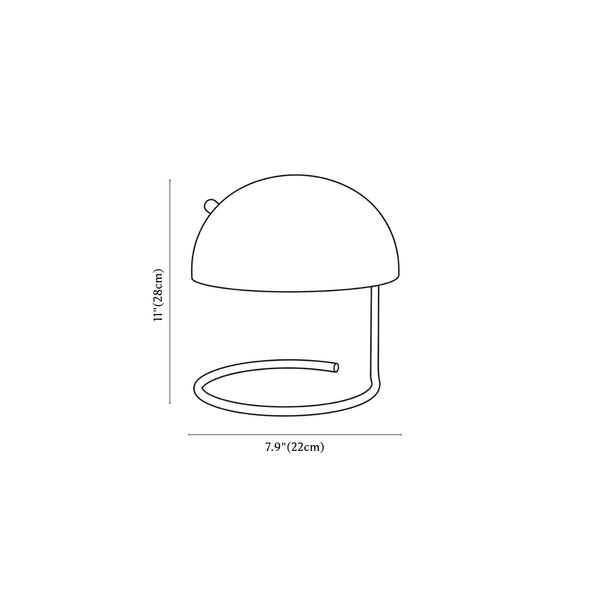 Clérachic table lamp dimension drawing, every measurement marked in centimetres and inches.