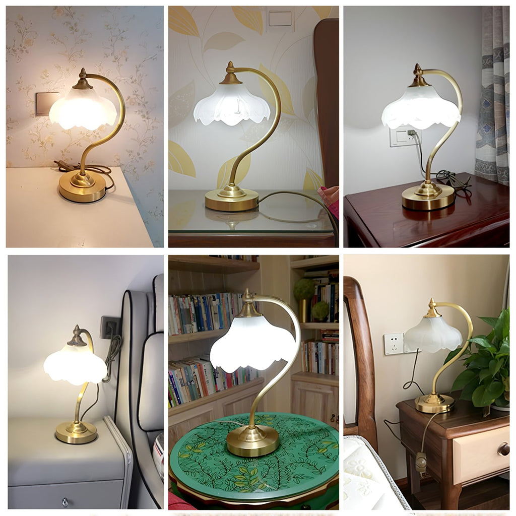 A collage of six everyday photos of this Clérachic lamp lit on bedside tables, a desk and a green tray in different rooms.
