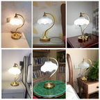 A collage of six everyday photos of this Clérachic lamp lit on bedside tables, a desk and a green tray in different rooms.