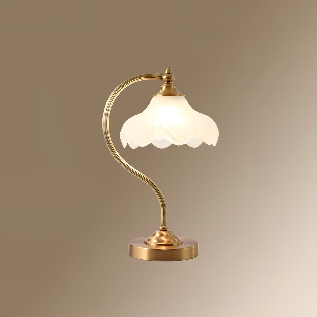A Clérachic lamp on a warm taupe gradient backdrop, the frosted scalloped shade glowing above a gold arm and a round base.