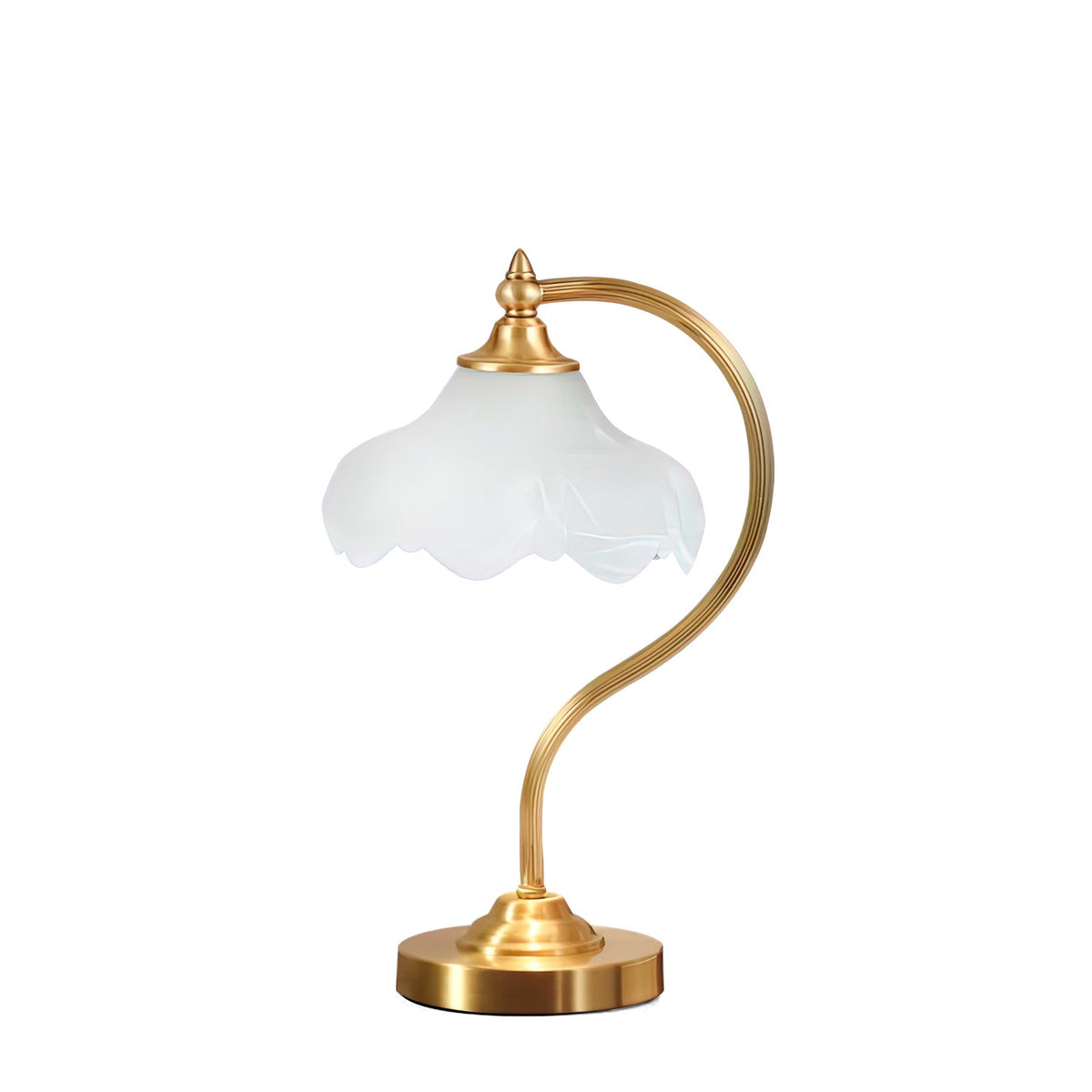 A Clérachic lamp on a white backdrop, with its unlit frosted white shade, a reeded brass arm and a small round base.